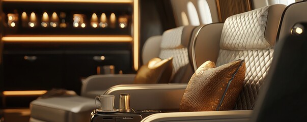 Exclusive luxury jet cabin with soft plush seating and modern decor.