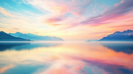 A dreamy sunset over a calm lake, with pastel-colored skies reflecting on the water and distant mountains.