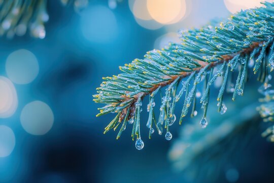 Dew drops on a pine branch with bokeh background.