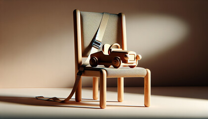 3Dレンダリングされた木製おもちゃの車と安全ベルト付き椅子の詳細