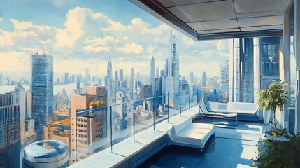 Panoramic city view from a modern, stylish penthouse balcony with sleek furniture and plants.