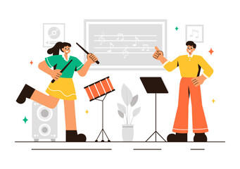Music School Illustration Featuring Various Musical Instruments, Learning Music Education, and Performing as Musicians and Singers in a Background