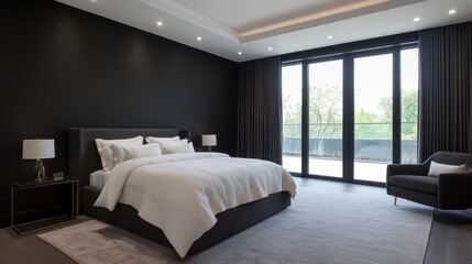 Fototapeta premium Modern Minimalist Bedroom Design with Dark Walls and Large Windows Overlooking a Serene Outdoor View, Creating an Inviting Atmosphere for Relaxation and Comfort