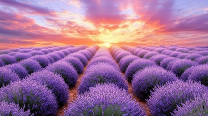 Obraz premium Lavender Field at Sunset with Sun Rays and a Path