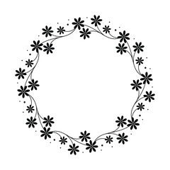 Personalized Daisy Wreath Monogram. Black and White Circular Frame, Family Name Logo Illustration