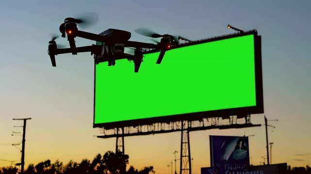 Drone Flight Over Green Screen Billboard at Sunset: Stunning Aerial Footage