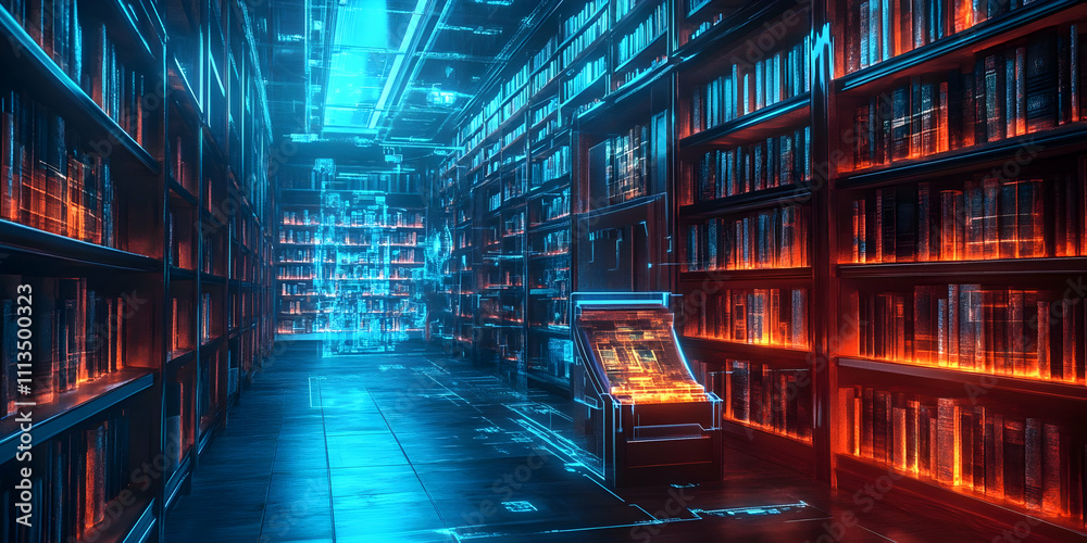 Poster a futuristic library with glowing shelves and a digital interface.