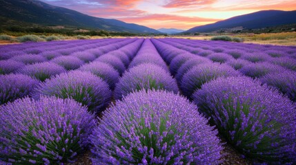 Fototapeta premium Lavender Field at Sunset with Mountain Background