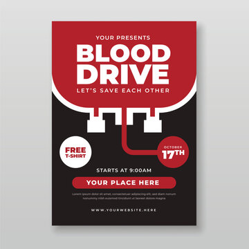 Blood drive flyer template with blood bag illustration