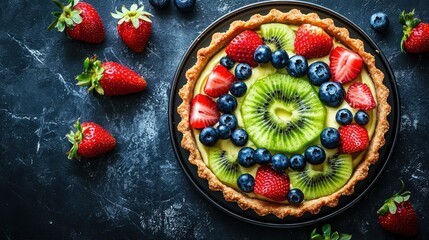 Fototapeta premium A fresh fruit tart with a crisp golden crust, filled with smooth pastry cream and topped with vibrant slices of kiwi, strawberries, and blueberries.