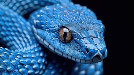 Fototapeta premium Close-up of a vibrant blue viper snake's scales and eyes against a dark background