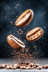 Coffee beans hover above ground in an artistic display of aroma and flavor in a creative setting