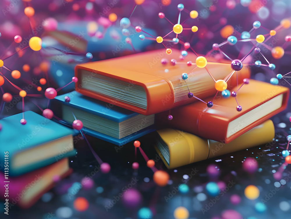 Poster A colorful arrangement of books surrounded by molecular structures, symbolizing knowledge and science.