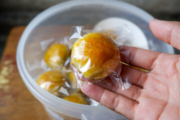 delicious round pia cake filled with chocolate. close-up photo