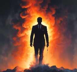 Illustration of man in suit silhouette with dramtaic background.