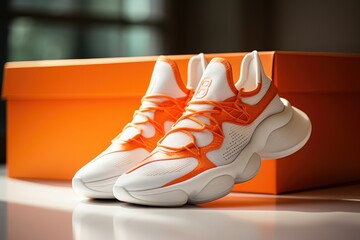 A Pair of Vibrant White and Orange Athletic Shoes Resting Atop a Pristine White Box
