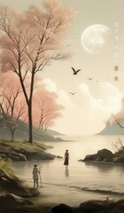 painting of a couple walking in a river with a bird flying overhead