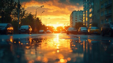 Serene Urban Sunset After Rain with Reflections on Street and Dramatic Clouds Captured in Vibrant Colors Illustrating Evening Calmness