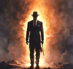 Obraz premium Illustration of man in suit silhouette with dramtaic background.