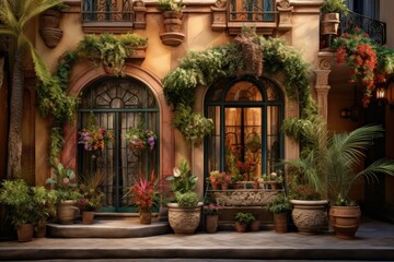 The Picturesque Building Adorned its Facade with an Array of Vibrant Potted Plants Creating a Stunning Visual Harmony
