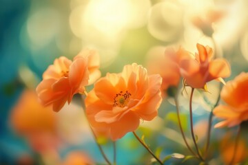 Peach-colored flowers in soft sunlight.