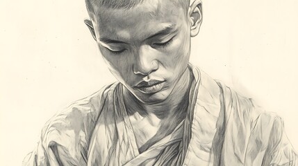 Obraz premium Pensive young monk, grayscale portrait, serene expression, detailed shading, contemplative gaze, simple robes.
