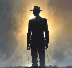 Illustration of man in suit silhouette with dramtaic background.