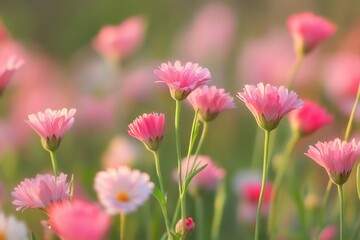 Soft pink flowers blooming in a field at sunset.