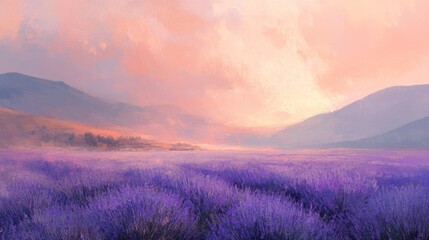 Fototapeta premium Lavender Field at Sunrise with Mountains and a Painted Sky