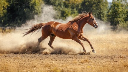 Fototapeta premium A horse galloping through a dry field, kicking up a cloud of dust under the bright afternoon sun.