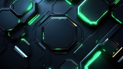 Abstract 3d metallic technology background with neon light green glowing a combination hexagon pattern composition. Modern dark cover vector template design for use wallpaper, frame, element banner