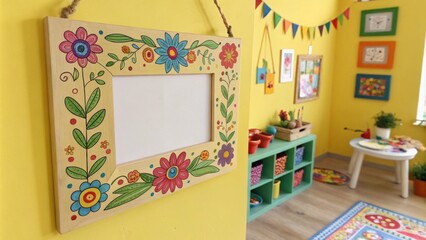 Empty, brightly colored floral frame hangs on a yellow wall in a vibrant playroom or kindergarten,...