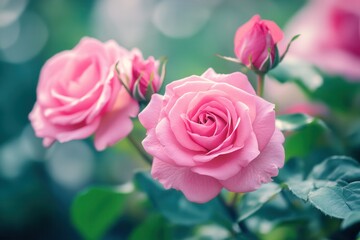 Three pink roses in bloom, buds, green leaves, blurred background.