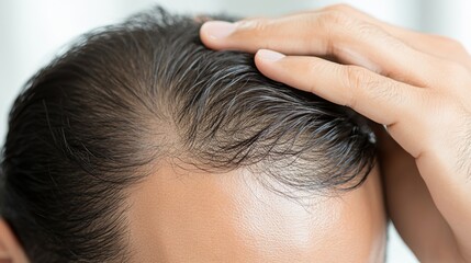 Person examining thinning hair in mirror, reflecting on aging and self-care. Embracing natural changes and prioritizing health and well-being.