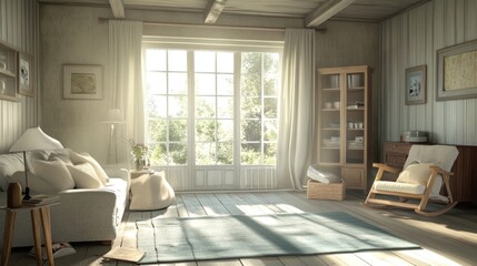 Sunlit Living Room with Comfortable Sofa and Rocking Chair