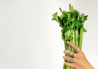 woman with many rings on fingers holding fresh celery,pomegranate or green pepper.girl biting a red hot chilli pepper.isolated hand on pink with an apple.healthy food, get slim concept,lose weight.