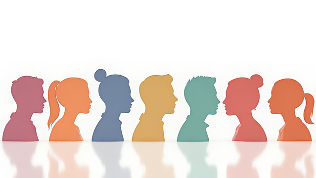 Colorful silhouettes of different people's heads in profile on a white background Simple design flat colors with white space between the figures