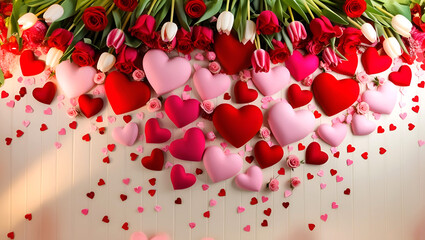 A background dotted with red and pink hearts, with delicate flowers such as roses and tulips on a light background.