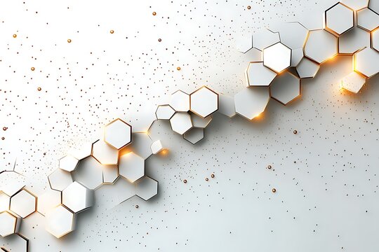 Seamless hexagonal White with Neumorphism Elements and Gold Glitter
