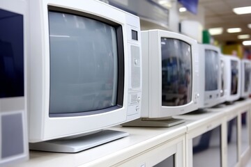 Multiple vintage televisions arranged in a row in an electronics store display showcasing retro technology