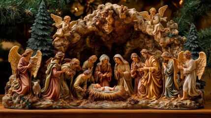 Fototapeta premium Christmas Nativity Scene with the Magi and Angels