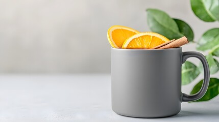 Cozy Drink with Orange and Cinnamon in a Gray Mug Home Kitchen Food Photography Bright and Inviting Close-Up View Warmth and Comfort