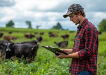 A man in a plaid shirt is looking at a clipboard while standing in a field with