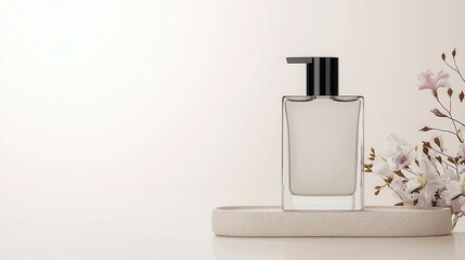 Elegant and Minimalistic Perfume Bottle on a Soft Surface Surrounded by Delicate Flowers Perfect for Beauty and Fragrance Advertising or Lifestyle Photography