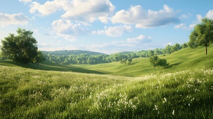 Fototapeta premium Lush green hills under a bright blue sky with scattered clouds.