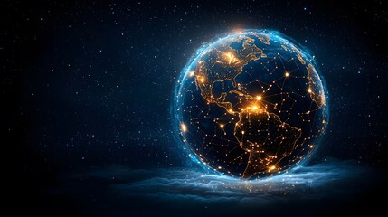 Obraz premium Global Connectivity Visualization of Earth Nighttime Aerial View High-Resolution Celestial Data Stellar Environment Detailed Digital Artwork