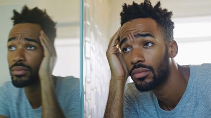 Person examining thinning hair in mirror, reflecting on aging and self-care. Embracing natural changes and prioritizing health and well-being.