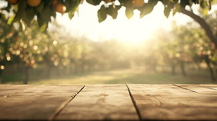 An empty wooden table with a slightly worn surface is positioned in the foreground. Behind it, the blurred view captures a sunny orchard filled with fruit trees and vibrant foliage, evoking the