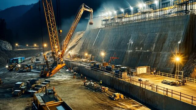 A nighttime scene of dam construction, illuminated by powerful floodlights. Workers in protective gear continue their tasks, as cranes and trucks operate in the background.