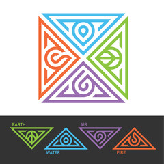 4 Elements of nature symbol - Earth, water, air and fire with sign with modern triangle line symbol in square shape chart vector design
